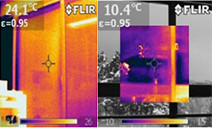 サーモカメラが見た外窓と内窓の表面温度。左は内窓で24.1℃、右は外窓で10.1℃を示している。外窓の向こうに雪をかぶった樹木が見えている（写真提供・竹原屋本店）