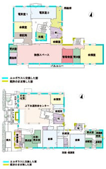 見どころなしの地味な庁舎は 最高峰の『ZEB』改修建築-合川１階平面図 合川３階平面図