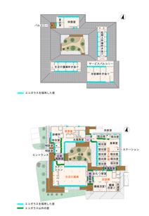 Low-Eガラスの透明感で 未来の福祉施設を見せる-イラストA_１F平面図/イラストB_2F平面図